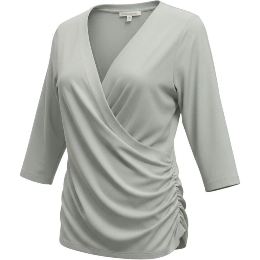 Soft Surroundings Surplice Ruched Knit Crossover Top Sage Green M 3/4 Sleeve